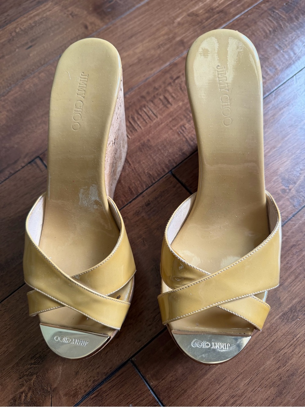 Jimmy Choo Tan Patent Cross-Strap Wedge Sandals